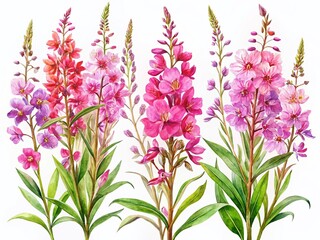 Naklejka premium Watercolor Wildfireweed Flowers, Floral Botanical Illustration, Isolated Field Flowers, Pink Purple Blooms, Nature Art