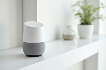 Modern smart speaker on a minimalist shelf