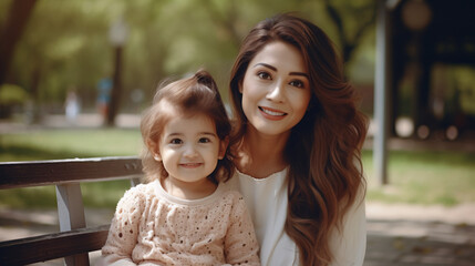 A beautiful mother holding her child, captured in a heartwarming photo with space for text.

