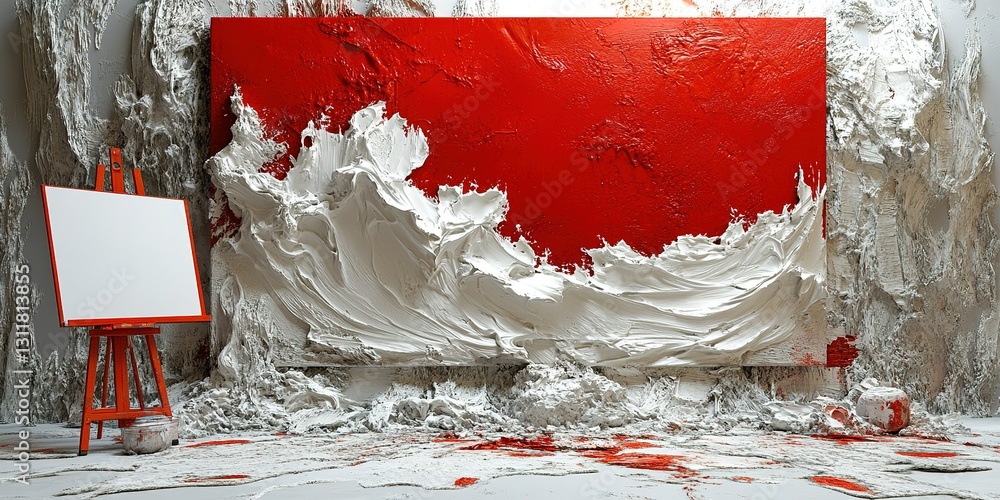 Poster abstract art studio featuring red and white textures with an empty canvas and paint splatters