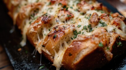 A close-up of a stuffed cheesy breadstick, oozing with melted mozzarella.