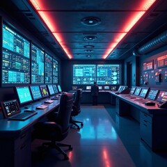High-tech control room of an advanced power plant with digital screens and machinery, digital screens, power plant