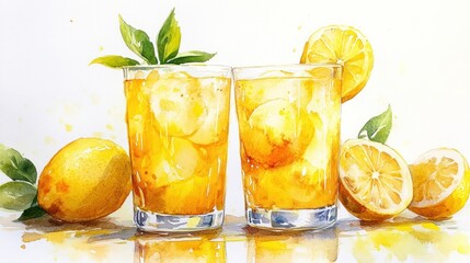 Fototapeta premium Refreshing watercolor lemonade with vibrant yellow tones, white background