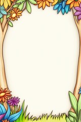 Floral Trees Framing Empty Space Blossoms, Leaves, and Grass Border an Open Faded-Yellow Field