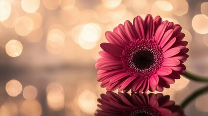Beautiful close-up of a pink gerbera daisy on a reflective surface with a soft bokeh background, perfect for spring and floral designs or greetings.