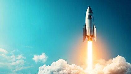 Naklejka premium Space Rocket Launching Through Clouds, Startup Success, Innovation Concept