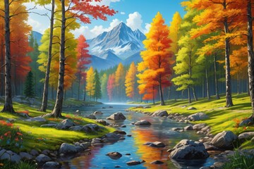 Obraz premium painting of a mountain stream with trees and rocks in the foreground