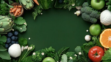 Fresh vegetables and fruits are arranged in a basket, complementing the colorful flowers and dense foliage of the thriving garden