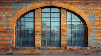 Fototapeta premium Historic brick building with large arched windows showcasing industrial architecture in an urban setting during the day