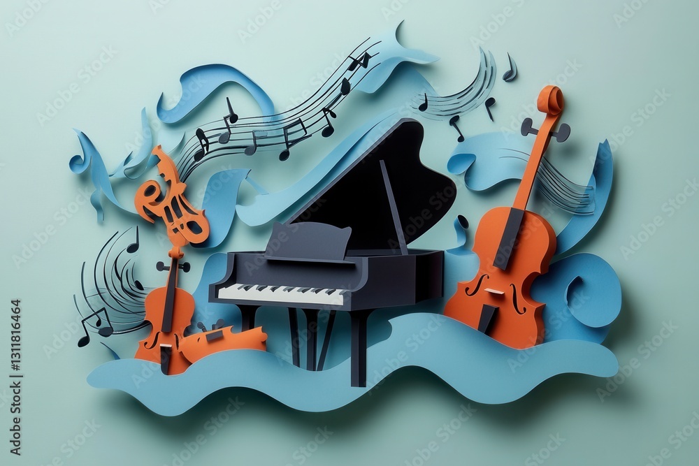 Leinwandbilder musical notes flow around a grand piano and instruments in a dynamic paper craft design
