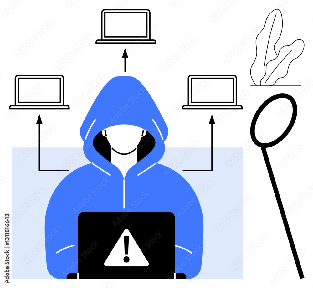 Poster hacker in hoodie operates laptop with warning sign, arrows pointing to networked computers. ideal fo