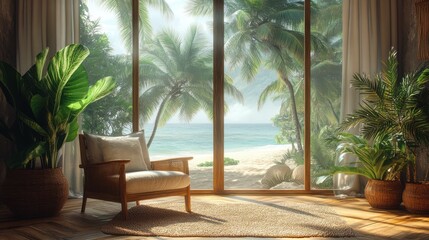 Fototapeta premium Rustic wooden armchair in a tropical beach house, floor-to-ceiling window showcasing swaying palm trees and golden sand