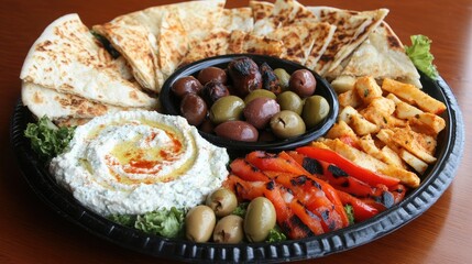 A fresh Mediterranean mezze platter with hummus, tzatziki, olives, pita bread, and grilled vegetables.
