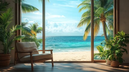 Rustic wooden armchair in a tropical beach house, floor-to-ceiling window showcasing swaying palm trees and golden sand