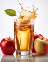 Fototapeta premium zumo de manzana y manzanas, fondo blanco neutro, hiperrealista, 4k