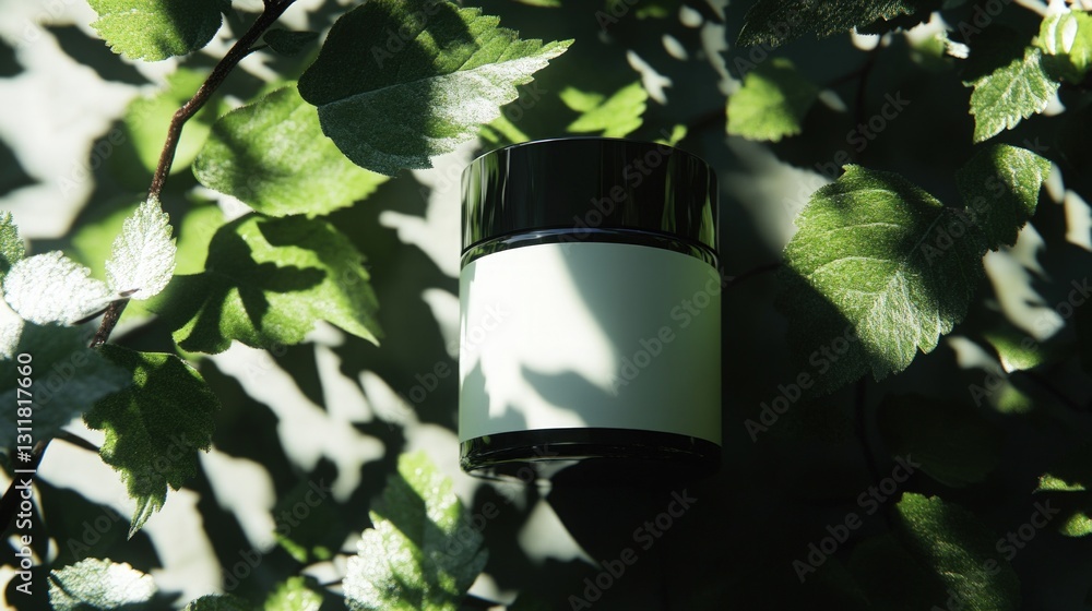 Poster top view of cylindrical product with blank label surrounded by green leaves in sunlight creating sha
