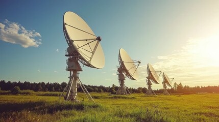 Satellite Dishes in Field Against Sky at Sunset with Light Flare