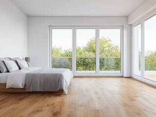 Stylish modern bedroom featuring a large window and wooden floor for a cozy comfortable space