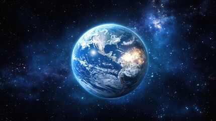 Stunning view of Earth from space showcasing vibrant colors, oceans, continents, and atmospheric elements in a cosmic background of stars and galaxies