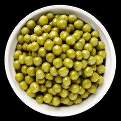 Green canned peas in bowl isolated on white background, top view