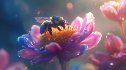 Bee Pollinating Pink Flower Bloom