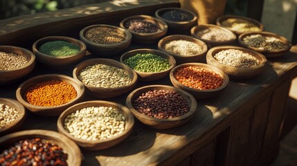Variety of Colorful Legumes and Seeds in Wooden Bowls on Wooden Surface
