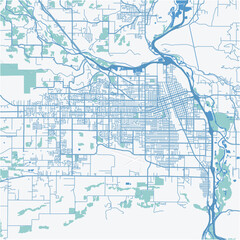 Map of Yakima in Washington in a professional blue style. Contains layered vector with roads water, parks, etc.