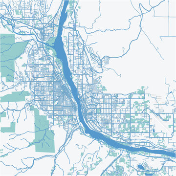 Map of Wenatchee in Washington in a professional blue style. Contains layered vector with roads water, parks, etc.