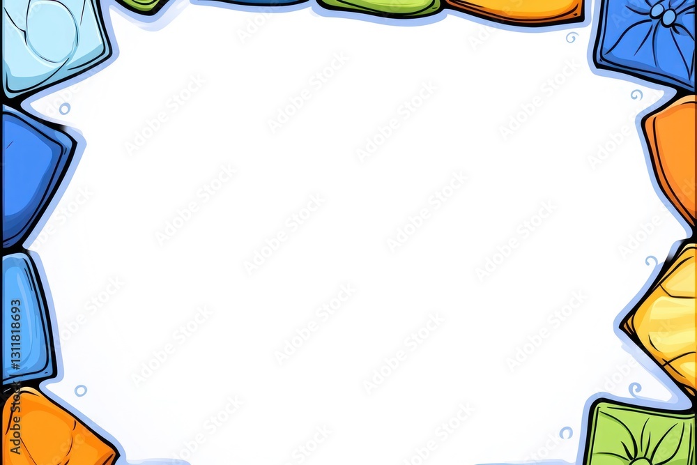 Poster frame border of colorful pillows on white background for text or image space in the center