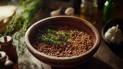 Rustic Coriander Bowl with Fresh Thyme and Garlic on Wooden Table