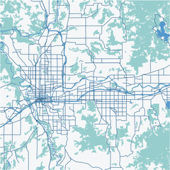 Map of Spokane Metro in Washington in a professional blue style. Contains layered vector with roads water, parks, etc.