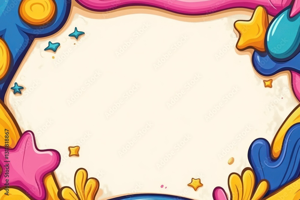 Poster frame border with cute star and wave elements on colorful background. space for text and design