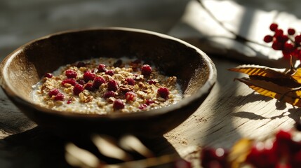Rustic Oatmeal Bowl with Berries and Nuts on Wooden Table