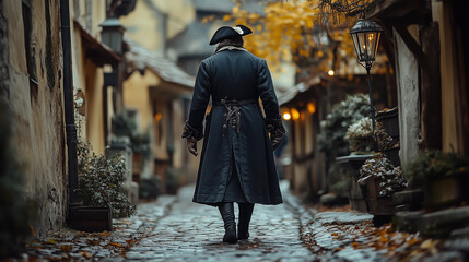 Man in historical attire walks down cobblestone street lined with quaint houses and autumn foliage during twilight hours