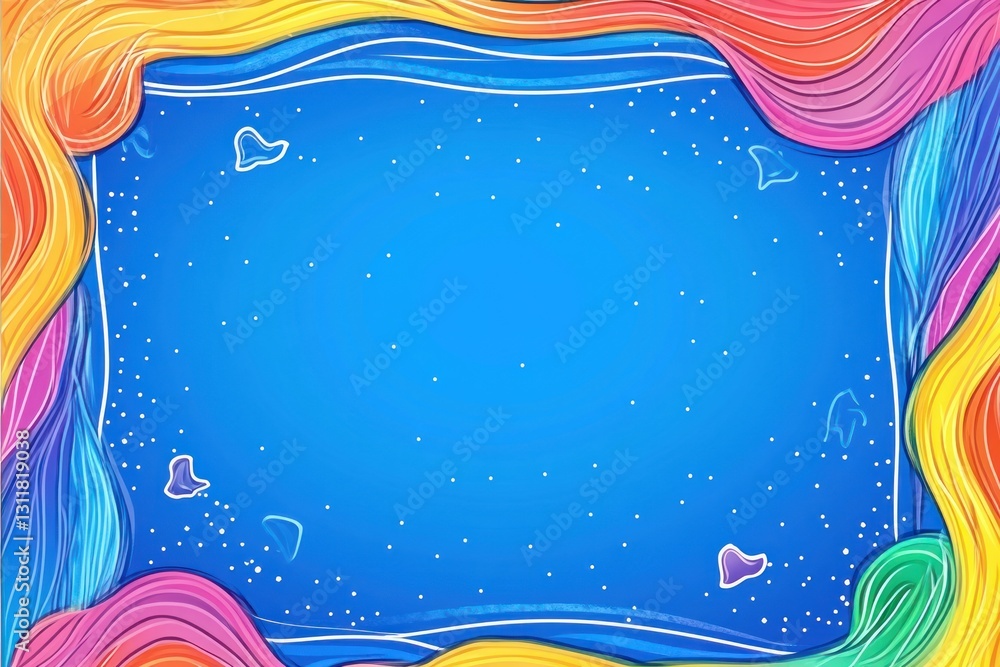 Poster frame colorful flowing strands adorn space background with shapes and dots surrounding rectangle bor