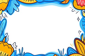 Fototapeta premium Frame Colorful doodles surround a blank white space with cartoonish ocean and floral background