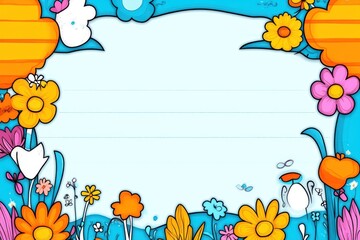 Frame Flowers surrounding a blank light blue center in a vibrant, cartoonish, floral springtime scene