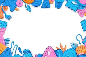 Frame made with colorful organic shapes, marine themed elements on white background, empty space