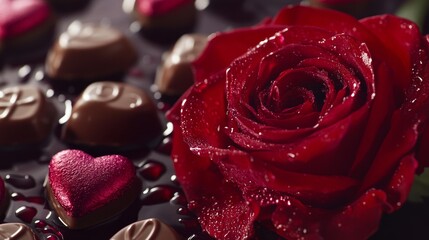 Romantic Red Rose with Chocolate Heart Candies, Elegant Valentines Gift Concept