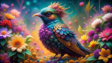 Fototapeta premium Whimsical Bird Sketch with Floral Background - High-Resolution Stock Photo