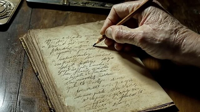 Elderly hand writing in an ancient manuscript with a quill pen on aged parchment paper