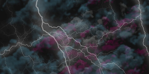 Fork lightning striking down during summer storm. Lightning, thunder cloud dark cloudy sky.