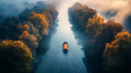 Fototapeta premium A lone boat navigates a misty river channel, flanked by vibrant autumn foliage.
