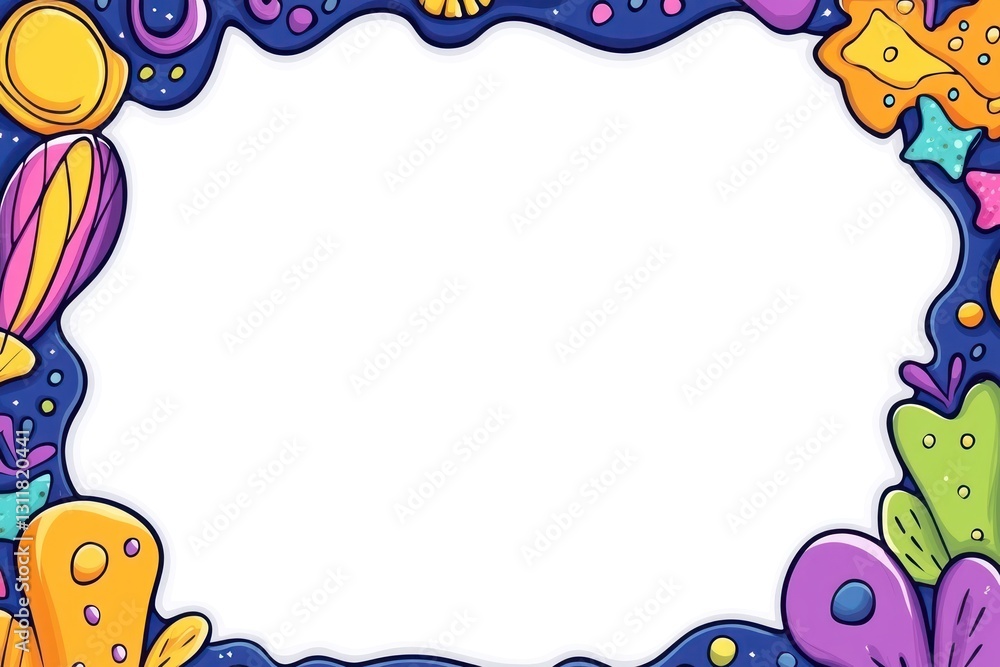 Poster funky frame border with shapes, doodles in a colorful, imaginative background with copy space