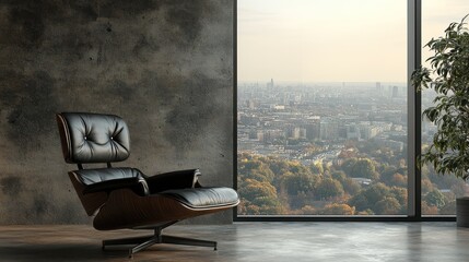 Sleek black leather armchair in a modern industrial loft, exposed concrete walls, large frameless glass window with a city view