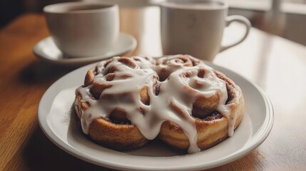 A plate of cinnamon rolls with icing, served with a cup of hot coffee.