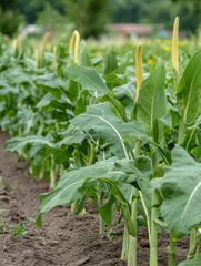 Fototapeta premium Lush Taro field displaying vibrant greenery and emerging flower stalks