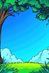 Obraz premium Green meadow framed by tree leaves against a bright blue sky, with white clouds in the distance