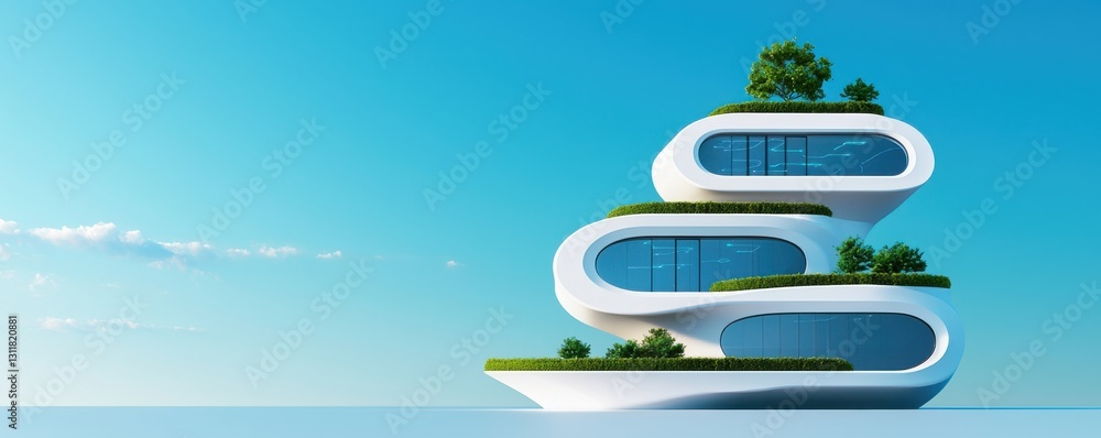 Poster a futuristic architectural design featuring stacked, curved structures with greenery against a blue 