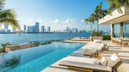 Obraz premium Luxury outdoor living at a Miami villa, featuring an infinity pool, modern seating, and a breathtaking tropical landscape
